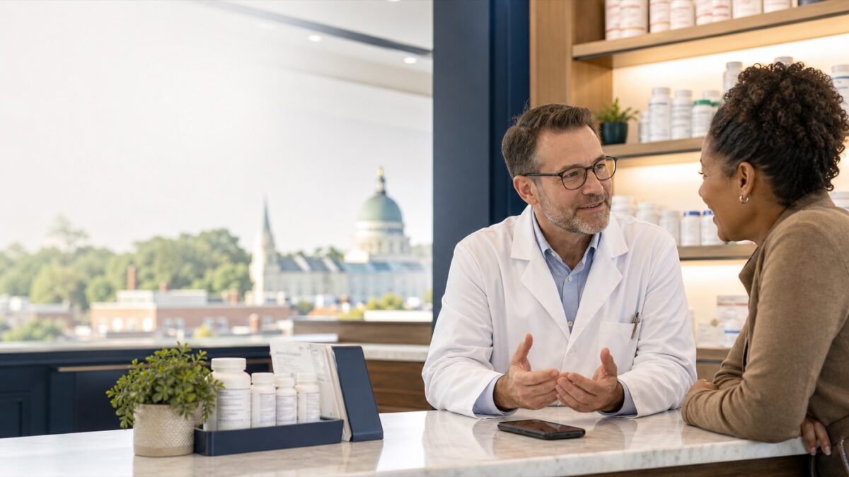 A pharmacist speaks with a patient at an independent pharmacy counter, representing prescription transfer help, medication safety, and trusted local pharmacy care.
