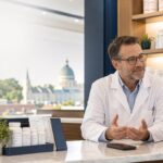A pharmacist speaks with a patient at an independent pharmacy counter, representing prescription transfer help, medication safety, and trusted local pharmacy care.